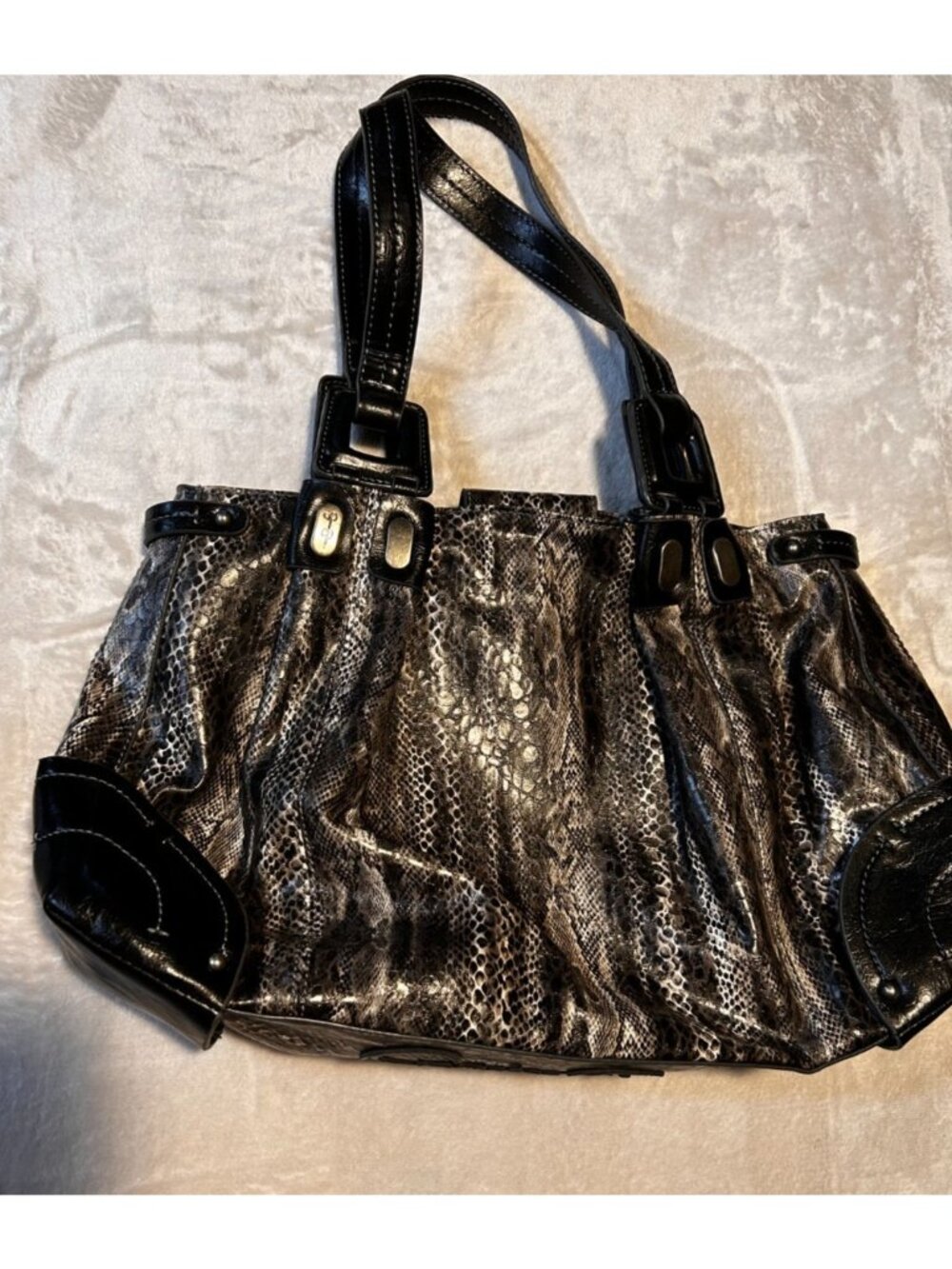Jessica Simpson Snakeskin Shoulder Bag Black Silver Faux Leather Hobo Tote Purse